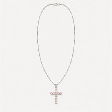 Indian Devotional Pendant - Silver Plated (45cm Chain)- Rose Quartz Crucifix