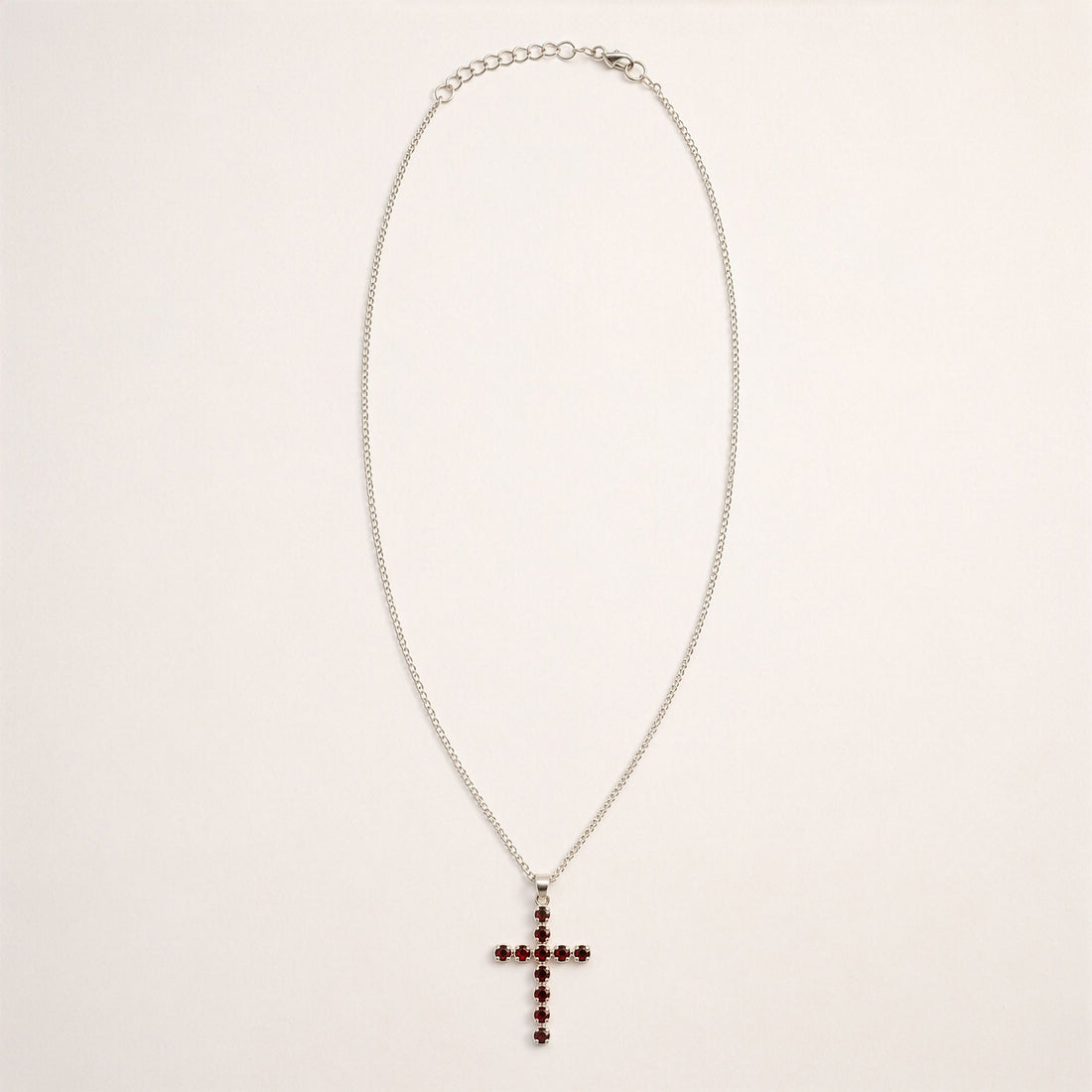 Indian Devotional Pendant - Silver Plated (45cm Chain)- Garnet Crucifix