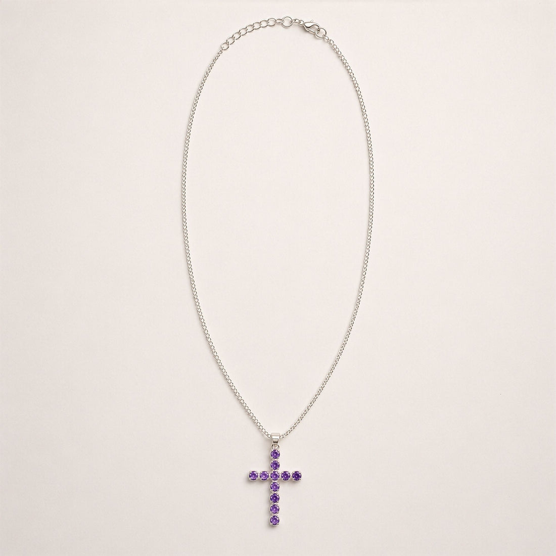 Indian Devotional Pendant - Silver Plated (45cm Chain)- Amethyst Crucifix